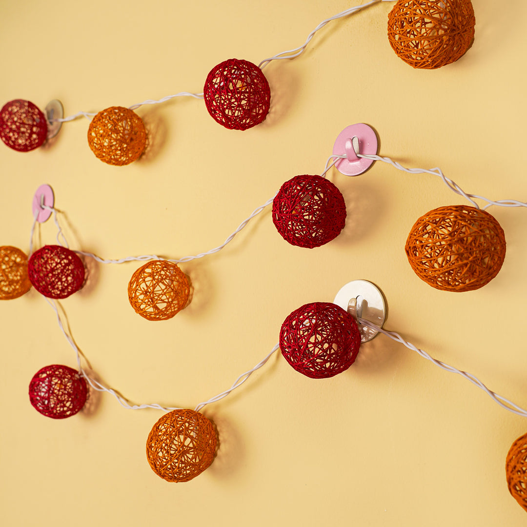 3m, 20 Bulbs | Handcrafted Yarn Spherical LED Fairy Light Hangings - Red & Ochre