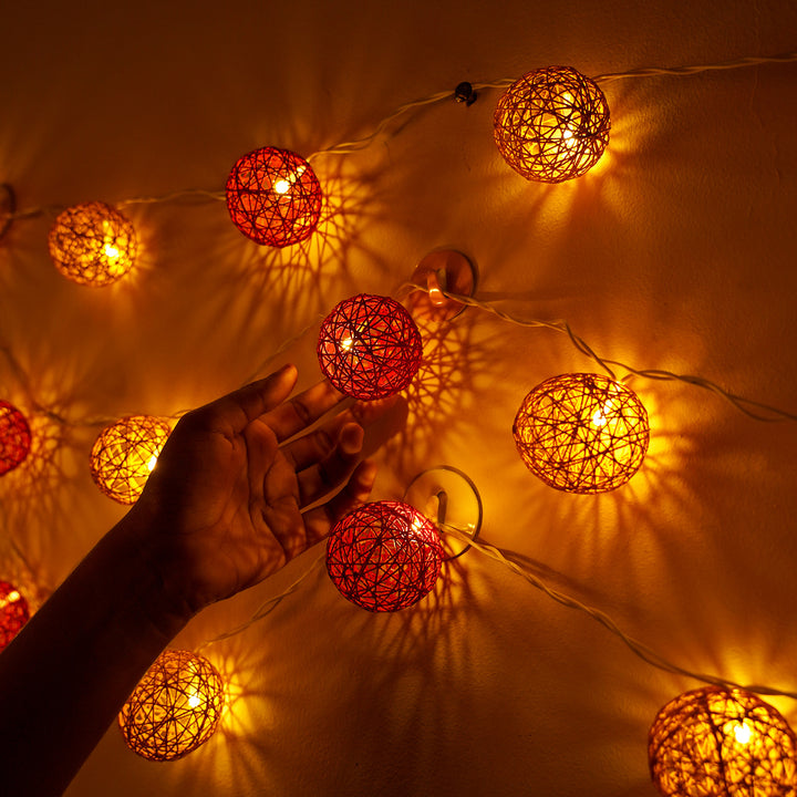3m, 20 Bulbs | Handcrafted Yarn Spherical LED Fairy Light Hangings - Red & Ochre