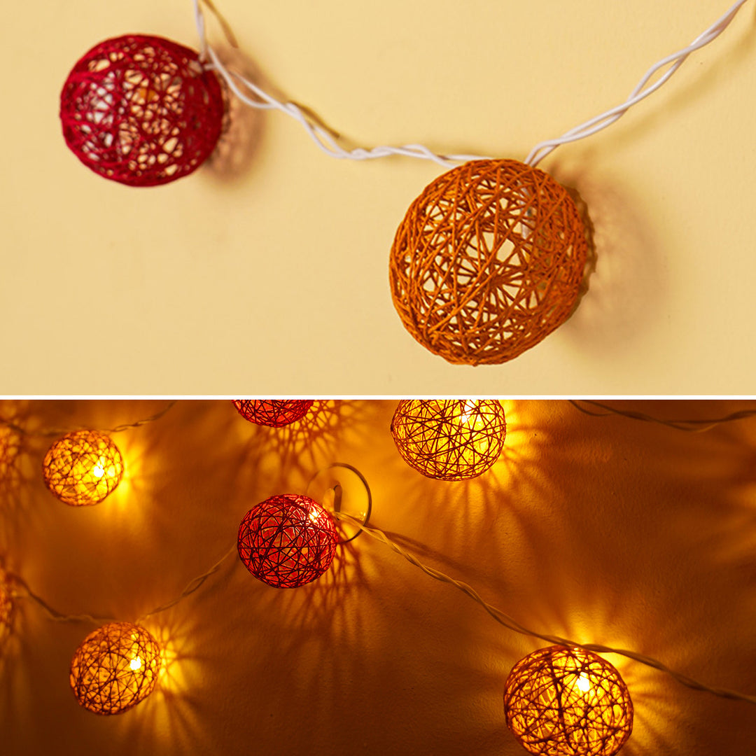 3m, 20 Bulbs | Handcrafted Yarn Spherical LED Fairy Light Hangings - Red & Ochre