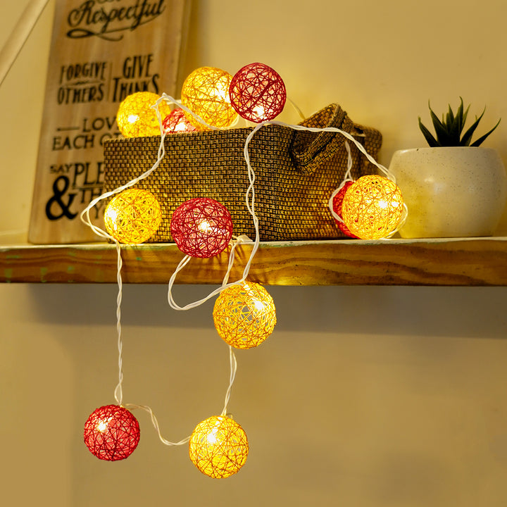 3m, 20 Bulbs | Handcrafted Yarn Spherical LED Fairy Light Hangings - Red & Ochre