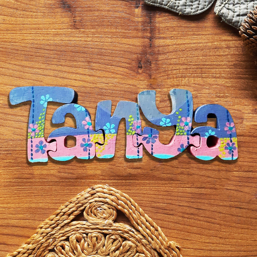 Hand Painted Interlockable Aqua Themed Wooden Self Standing Name Plate - Name Personalization Example Front View