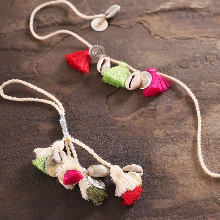Handmade Tassel And Kodi Shell Bhaiya Bhabhi Rakhi With Roli Chawal Set Of 2 - Close-up Detail View