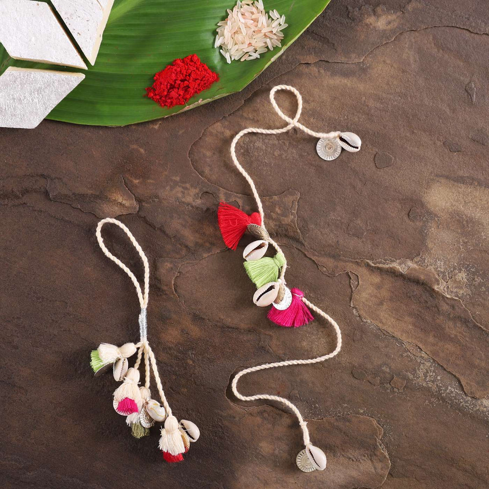 Handmade Tassel And Kodi Shell Bhaiya Bhabhi Rakhi With Roli Chawal Set Of 2 - Styled with Accessories