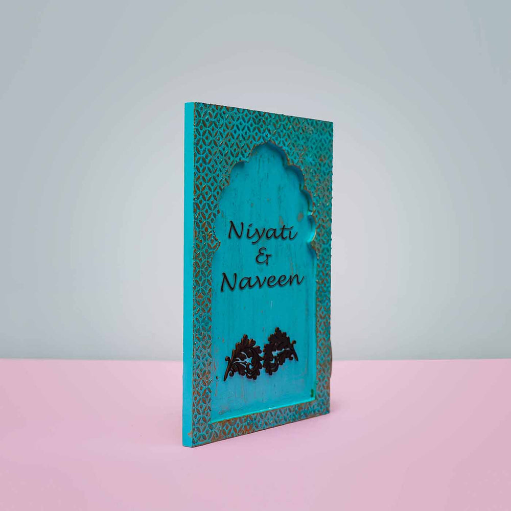 Handcrafted Jharokha Personalized Pinewood Distressed Name Plate - Angled Front View Showing Depth