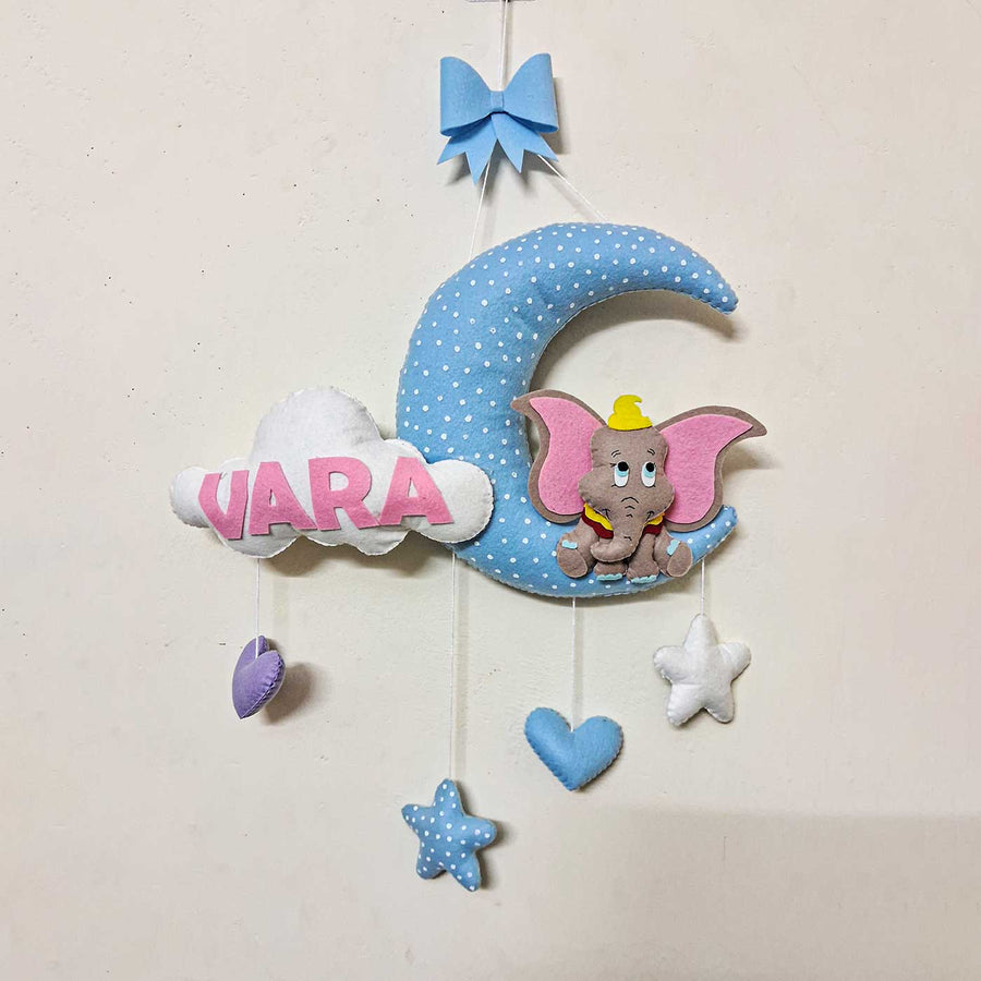 Personalized Elephant Themed Blue Felt Kids Name Plate - Hanging Mobile with Name Personalization