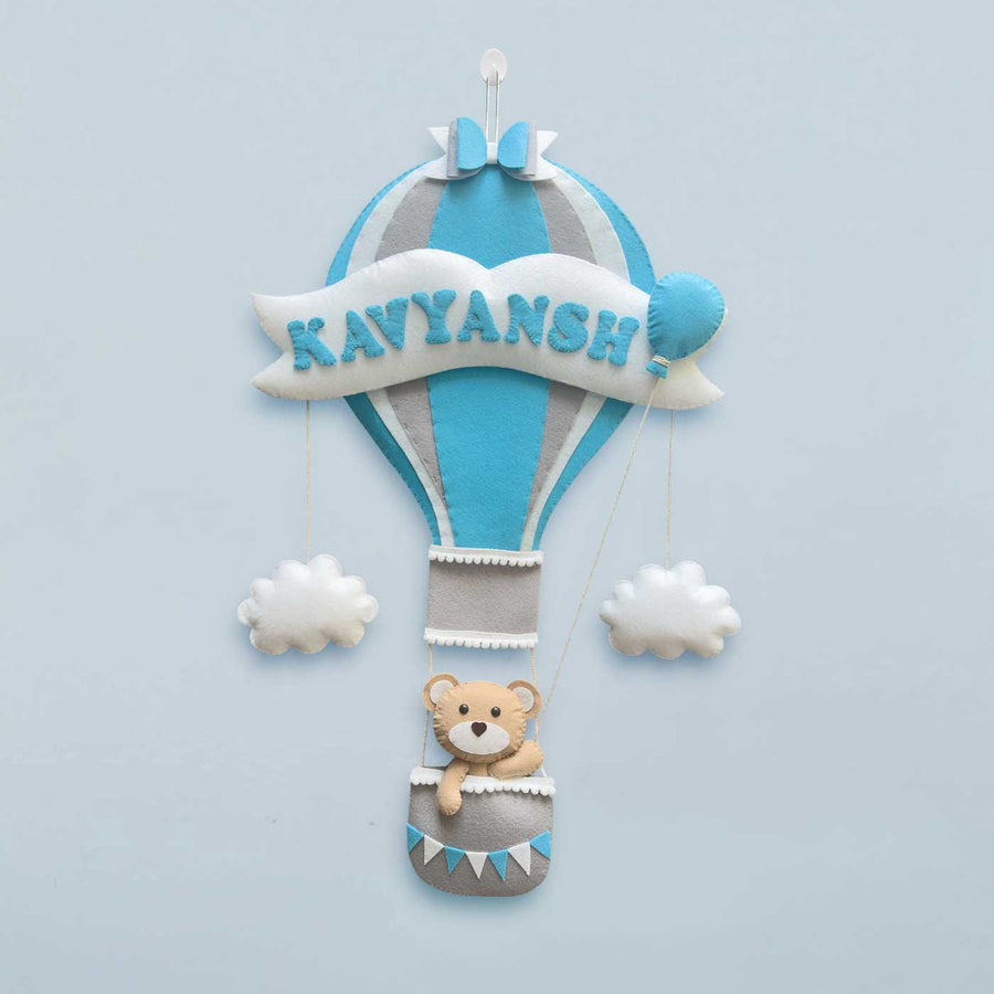 Personalized Teddy On Hot Air Ballon Theme Felt Kids Name Plate - Front View Hanging on Wall