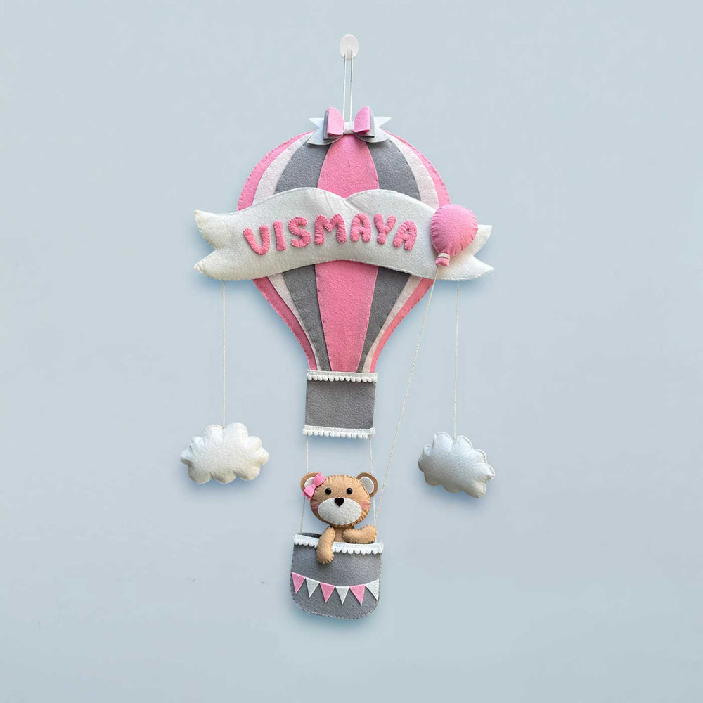 Personalized Teddy On Hot Air Ballon Theme Felt Kids Name Plate - Hanging Decorative Name Personalization