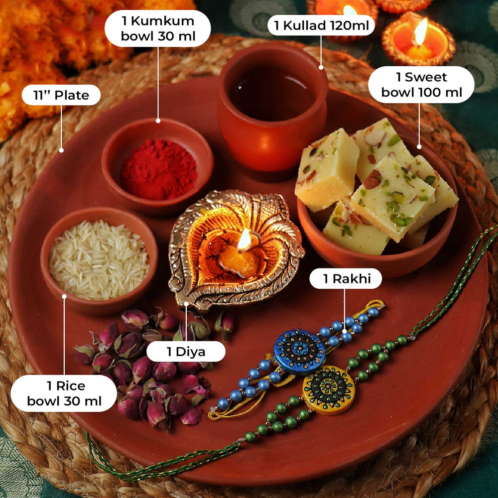 Handmade Ecofriendly Terracotta Rakhi Thali With Roli Chawal Set Of 7 - Labeled item capacity view
