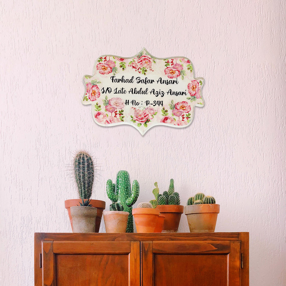 Personalized Floral Design Name Plate - Mounted on Wall with Decor Below