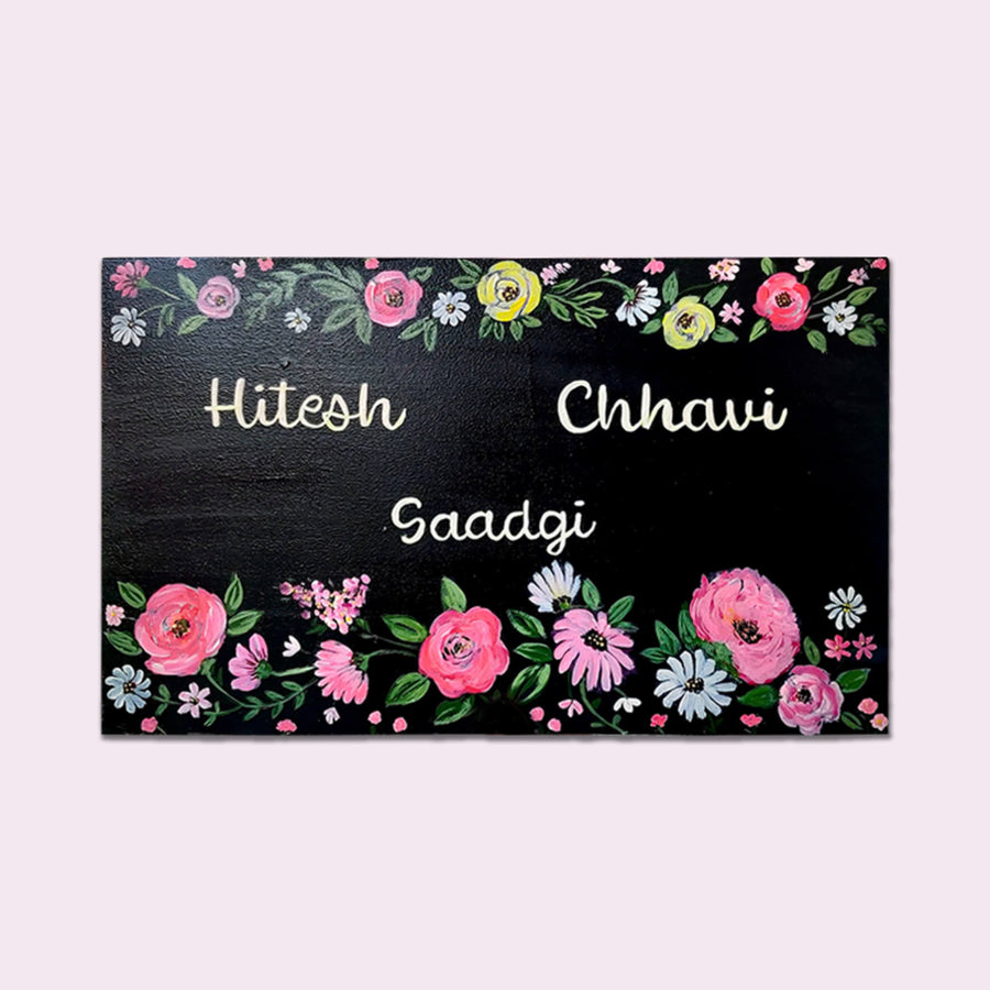 Personalised Floral Design Family Chalkboard Name Plate - Front View with Floral Border and Names