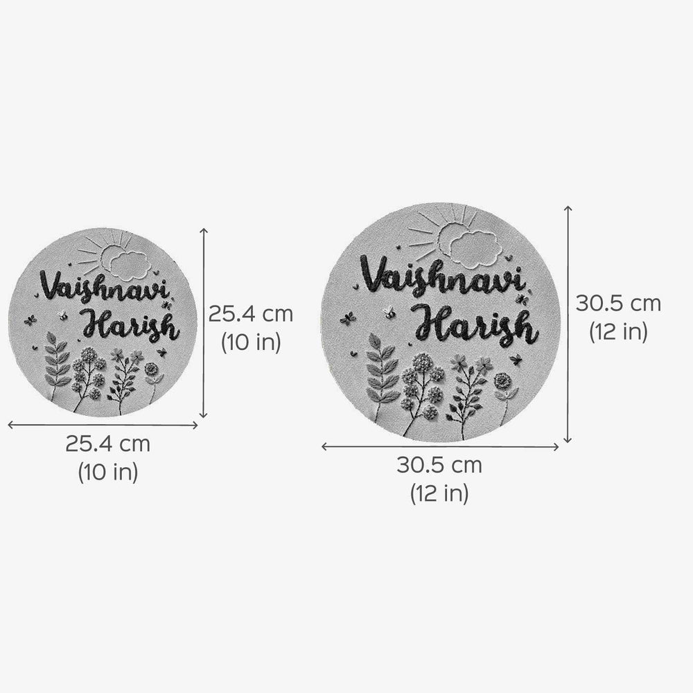 Hand Embroidered Canvas Round Floral Name Plate - Dimension Chart with Name Personalization