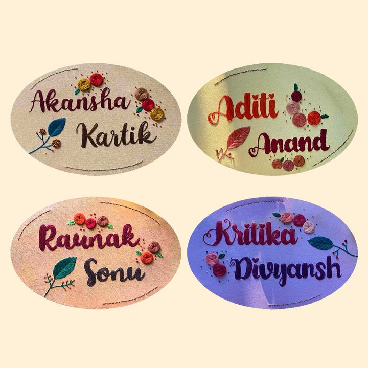 Hand Embroidered Canvas Oval Floral Name Plate - Name Personalization Example with Decoration