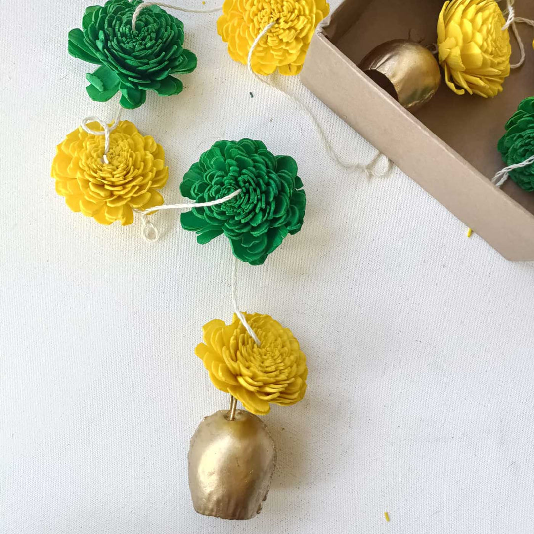 2 Pc | Shola Wood Marigold Flower Festive Bell Hangings
