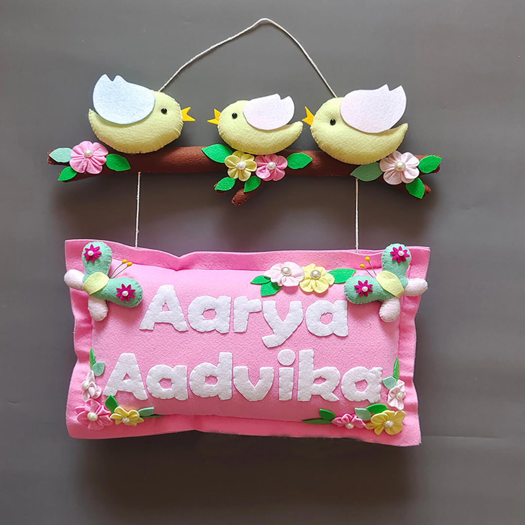 Hand Stitched Bird Themed Felt Kids Name Hanging - Front View Hanging Name Personalization
