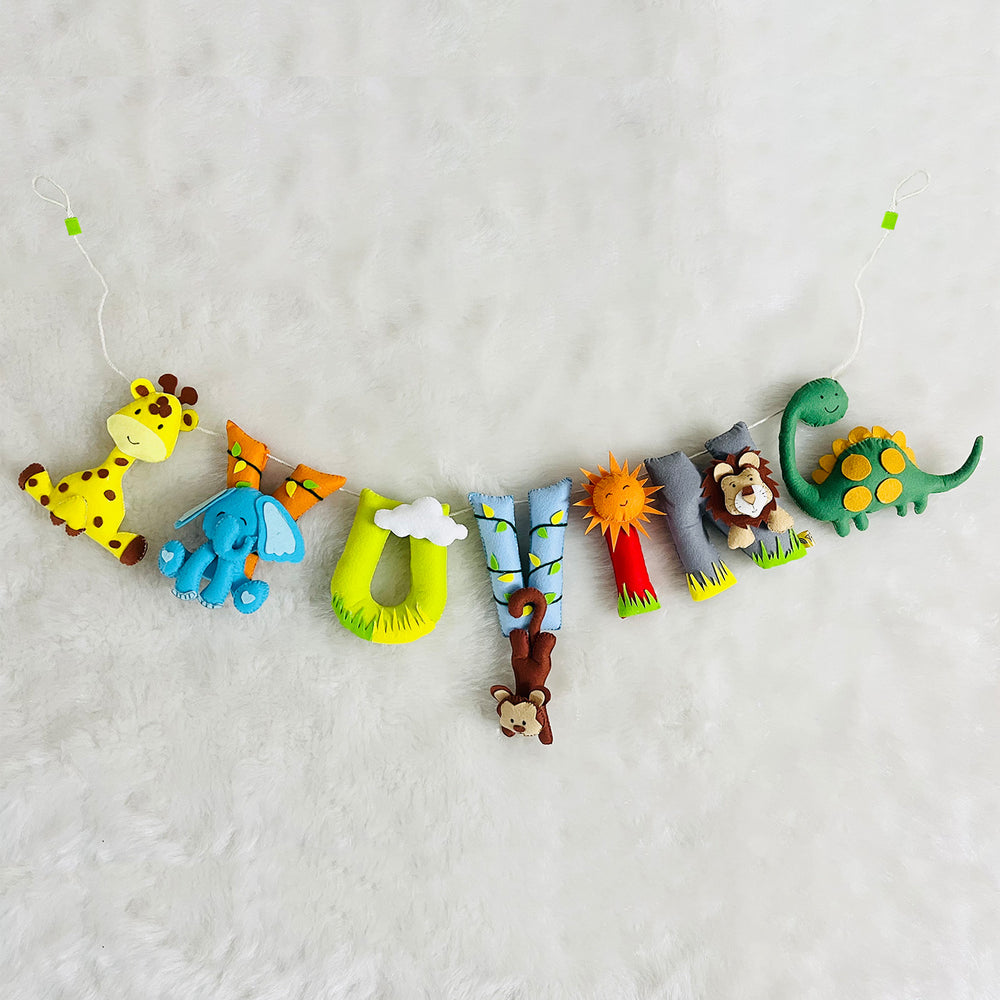 Handcrafted Personalized Animal Safari Themed Bunting For Kids - Front View Hanging Animal Letters Garland