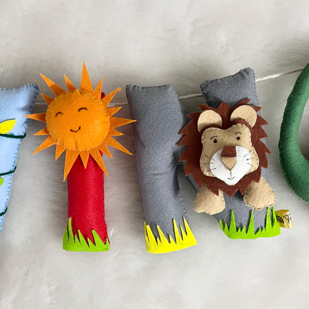 Handcrafted Personalized Animal Safari Themed Bunting For Kids - Close-up of Felt Animal Letters