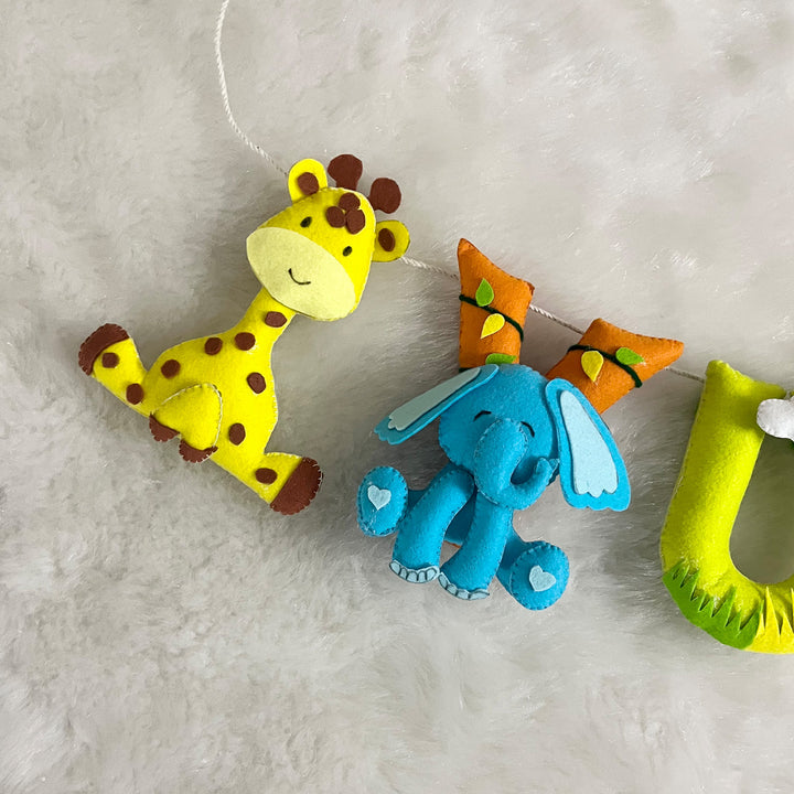 Handcrafted Personalized Animal Safari Themed Bunting For Kids - Hanging Plush Animal Letters Display