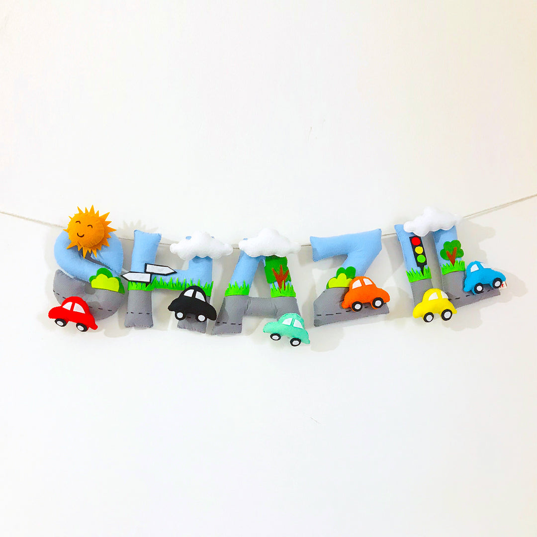 Handcrafted Personalized Car Themed Bunting For Kids - Hanging Letters Wall Display