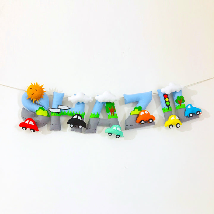 Handcrafted Personalized Car Themed Bunting For Kids - Hanging Letters Wall Display
