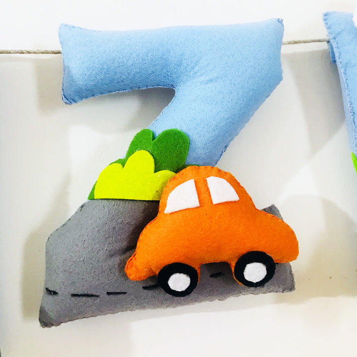Handcrafted Personalized Car Themed Bunting For Kids - Close-up Front View with Car Detail