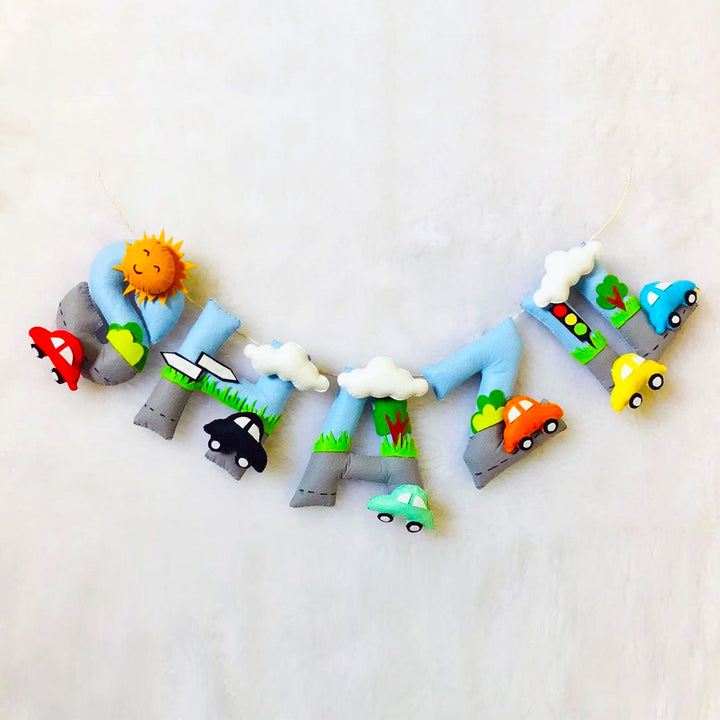 Handcrafted Personalized Car Themed Bunting For Kids - Hanging Letter Garland Front View