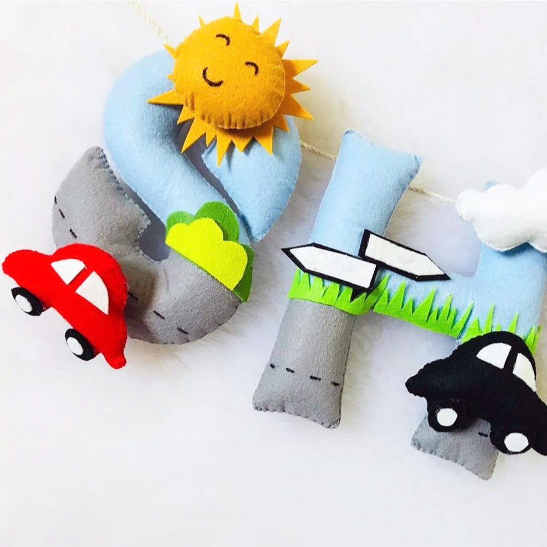 Handcrafted Personalized Car Themed Bunting For Kids - Front View Hanging on String