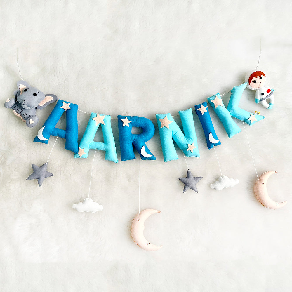 Handcrafted Personalized Ele Astro Themed Bunting For Kids - Name Personalization Example Hanging on Wall