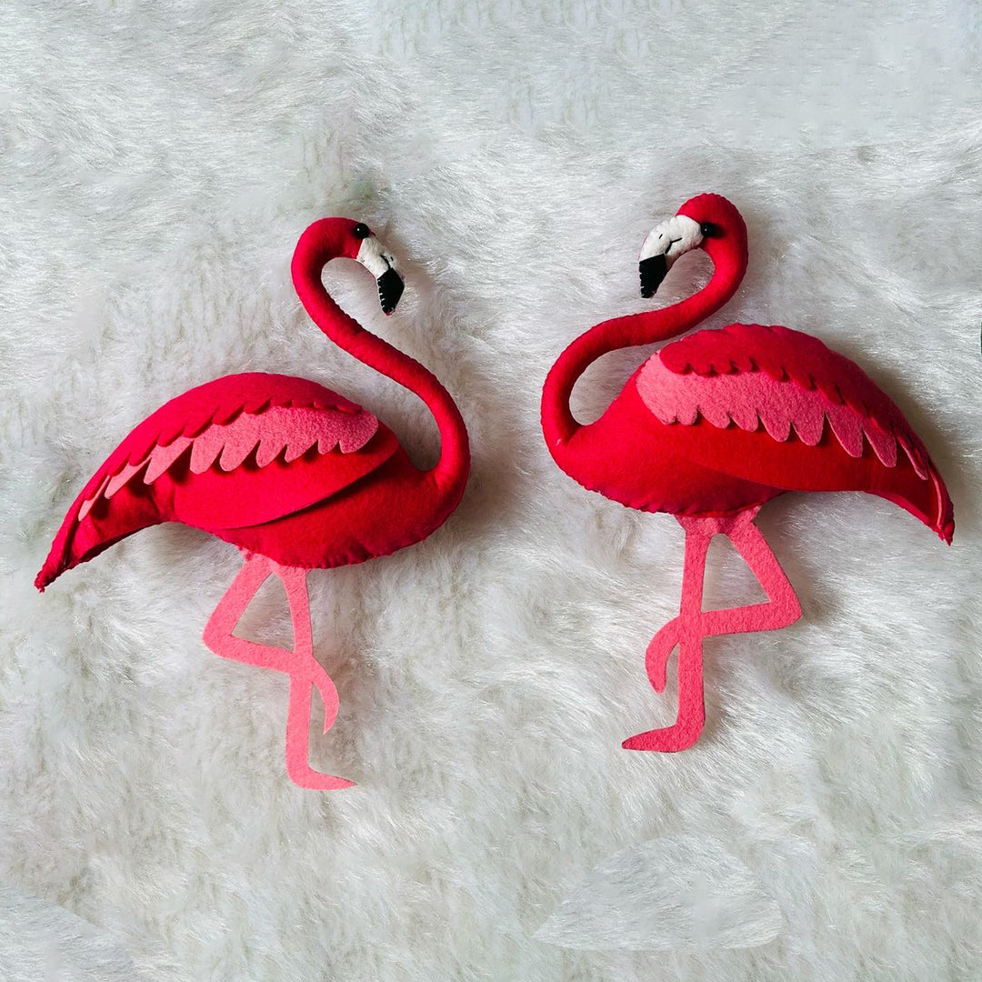 Handcrafted Personalized Flamingo Themed Bunting For Kids - Top View of Two Plush Toys
