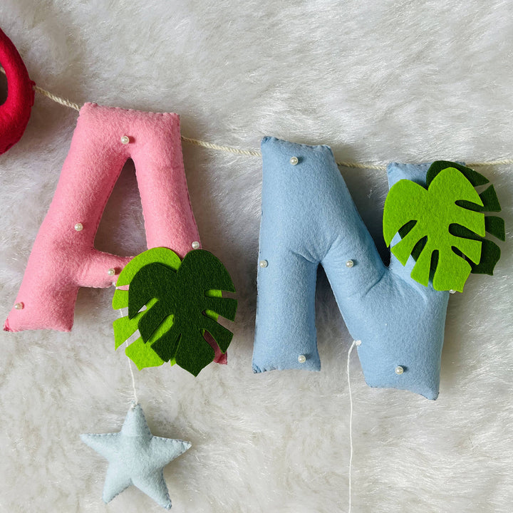 Handcrafted Personalized Flamingo Themed Bunting For Kids - Close-up of Hanging Letter Garland