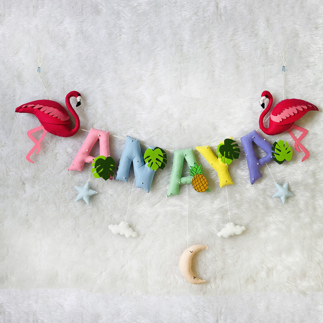 Handcrafted Personalized Flamingo Themed Bunting For Kids - Hanging Name Banner Front View