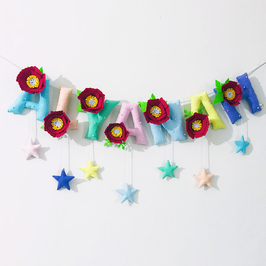Handcrafted Personalized Floral Themed Bunting For Kids - Front View Hanging Garland Letters