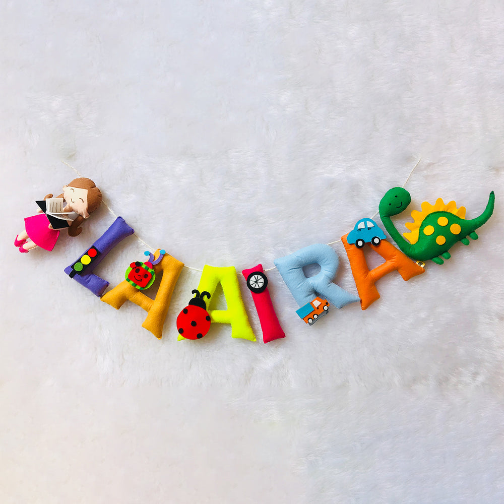 Handcrafted Personalized Dinosaur Themed Bunting For Girls - Front View Hanging Garland Display