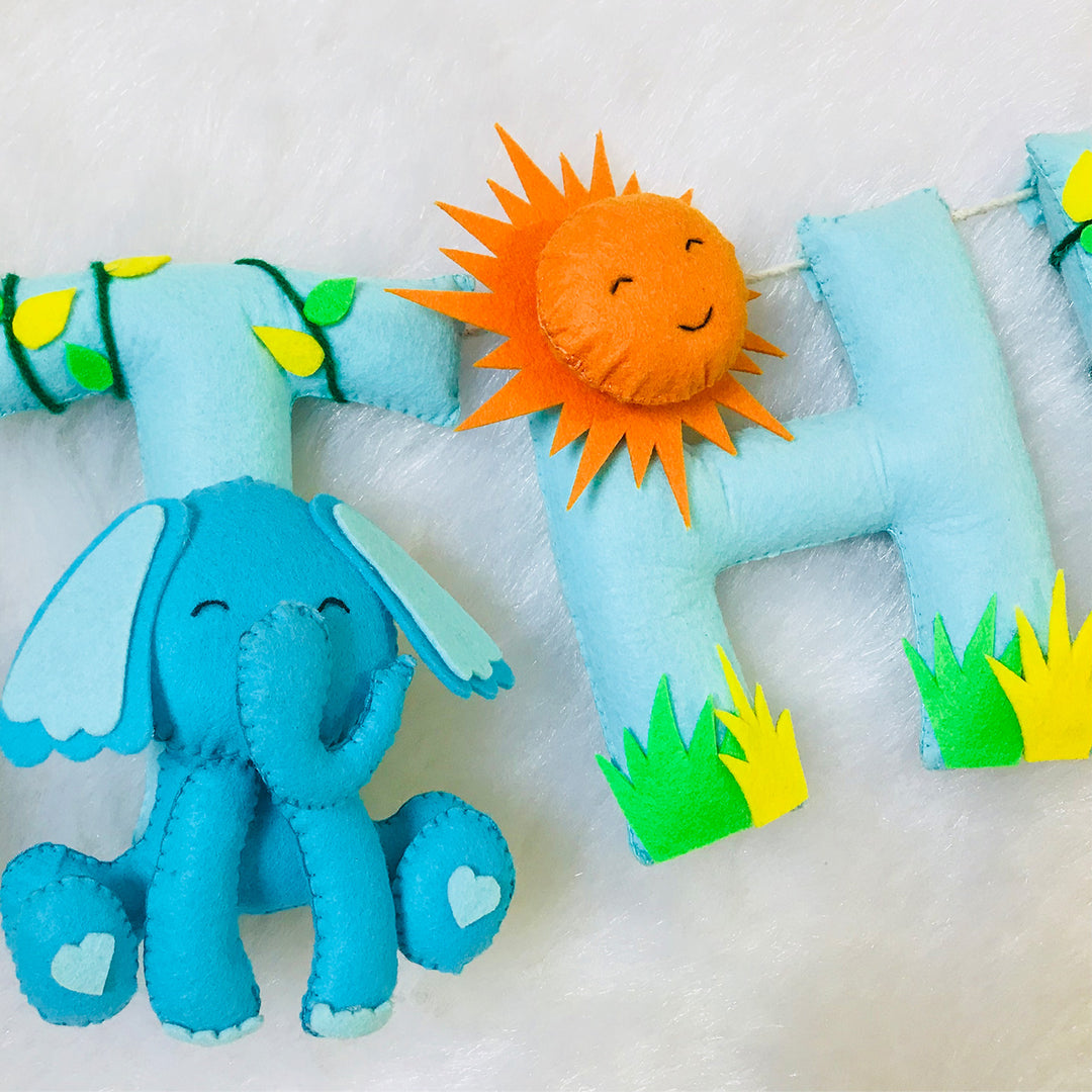 Handcrafted Personalized Jungle Themed Bunting For Kids - Close-up of Hanging Felt Letters