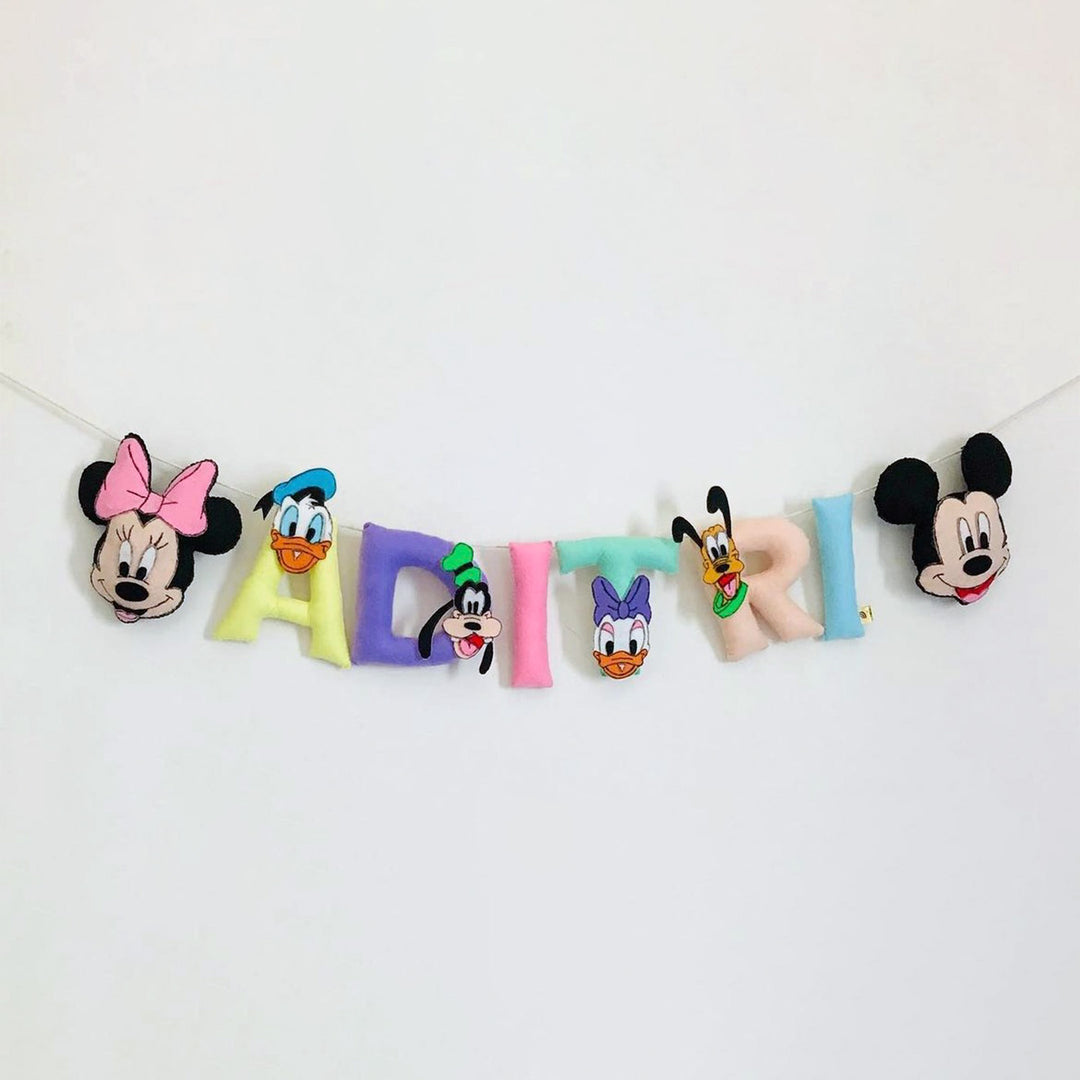 Handcrafted Personalized Mickey Themed Bunting For Kids - Front View of Hanging Soft Letters