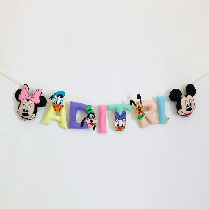Handcrafted Personalized Mickey Themed Bunting For Kids - Front View of Hanging Soft Letters