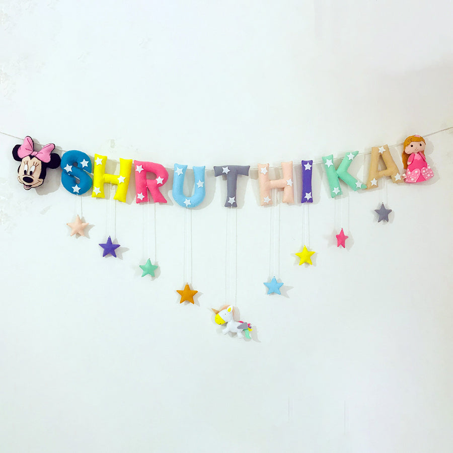 Handcrafted Personalized Mickey Doll Themed Bunting For Kids - Name Personalization Example Hanging on Wall