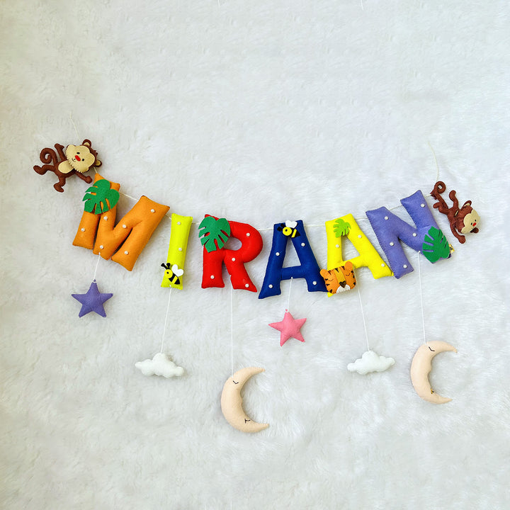 Handcrafted Personalized Monkey Bee Themed Bunting For Kids - Front View Hanging on Wall