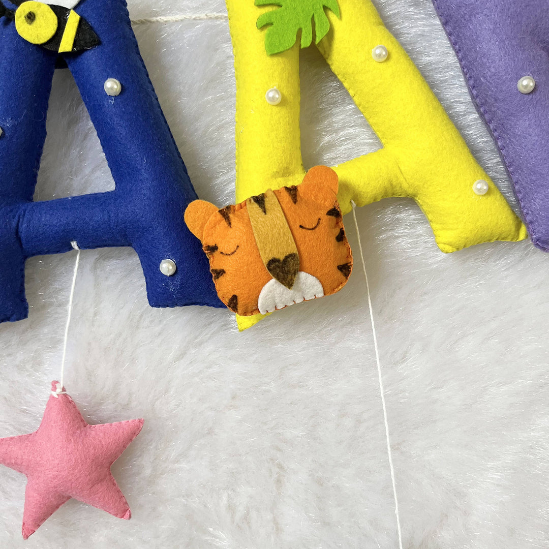 Handcrafted Personalized Monkey Bee Themed Bunting For Kids - Close-up of Hanging Soft Letters