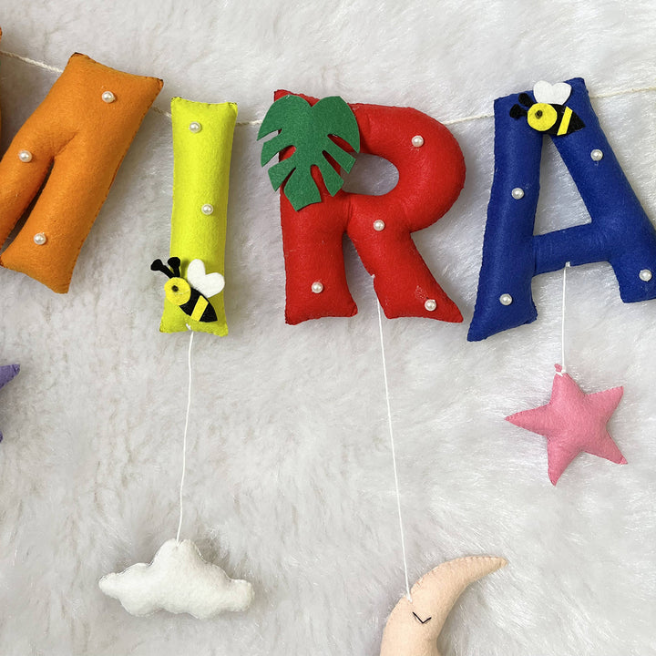 Handcrafted Personalized Monkey Bee Themed Bunting For Kids - Close-up of Hanging Letters with Charms