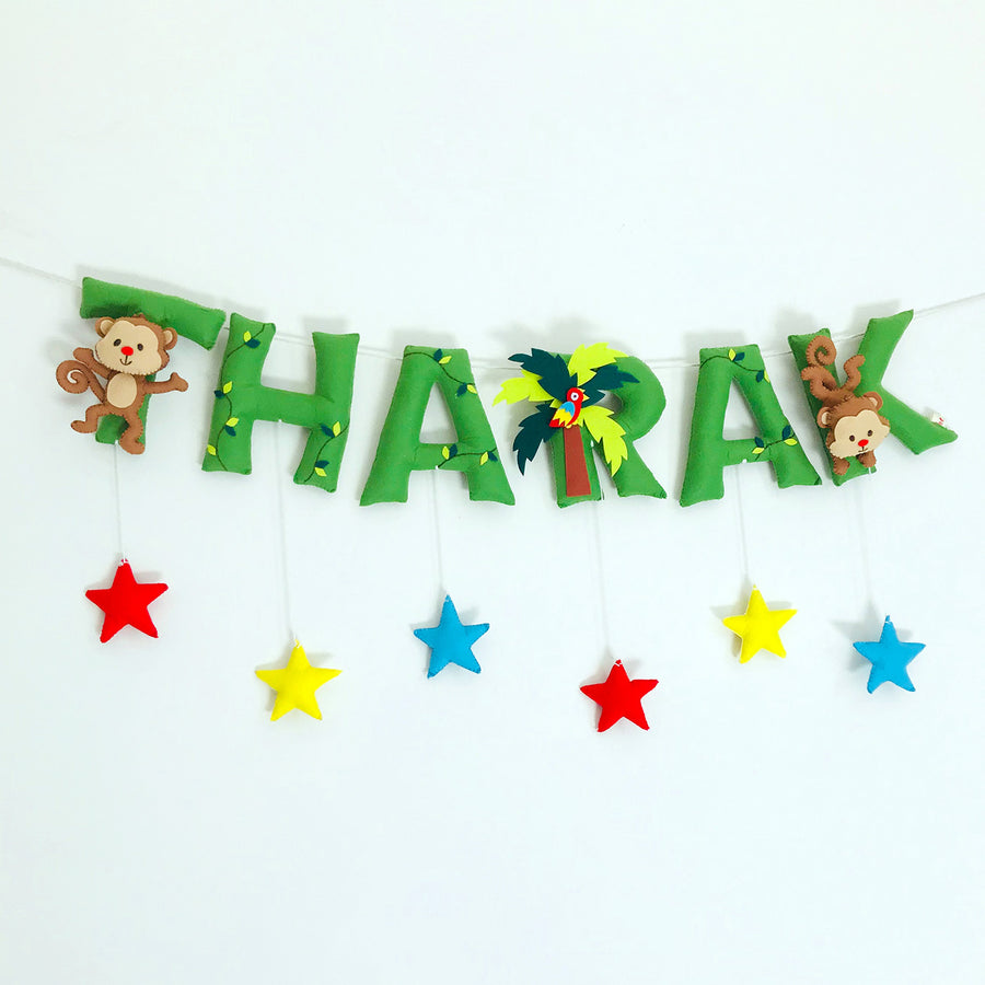 Handcrafted Personalized Monkey Themed Bunting For Kids - Name Personalization Hanging Display