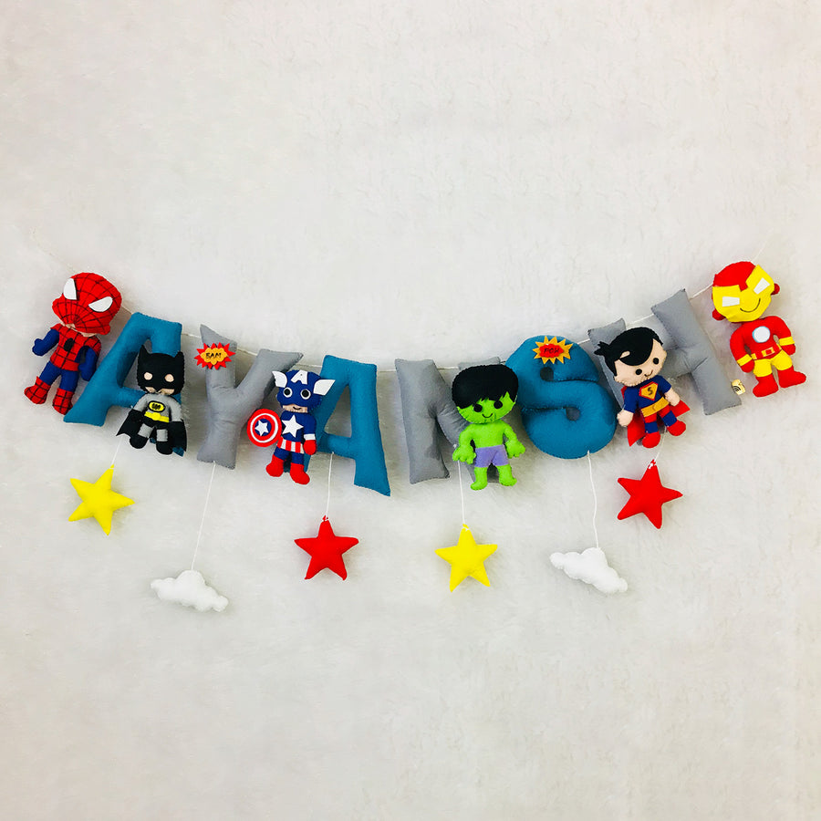 Handcrafted Personalized Superhero Themed Bunting For Kids - Front View of Hanging Name Garland