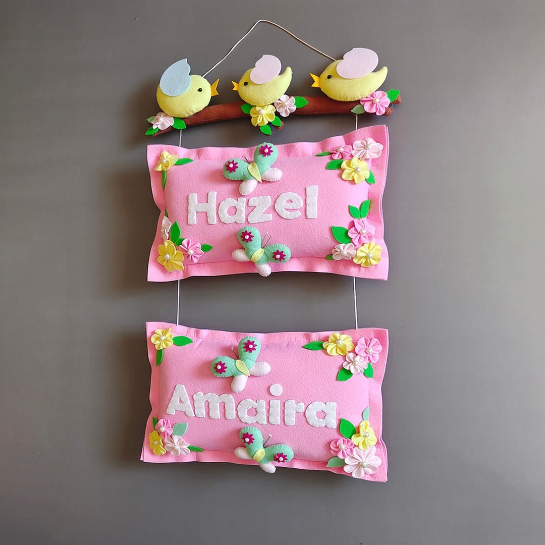 Hand Stitched Bird Themed Felt Kids Name Hanging - Hanging Front View Showing Personalization