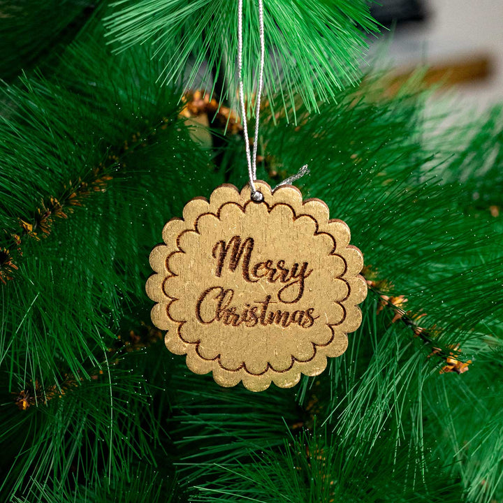 Handmade Engraved Golden Round Birch Wood Ornaments For Christmas Tree Decoration | Set Of 13