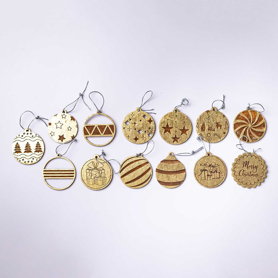 Handmade Engraved Golden Round Birch Wood Ornaments For Christmas Tree Decoration | Set Of 13