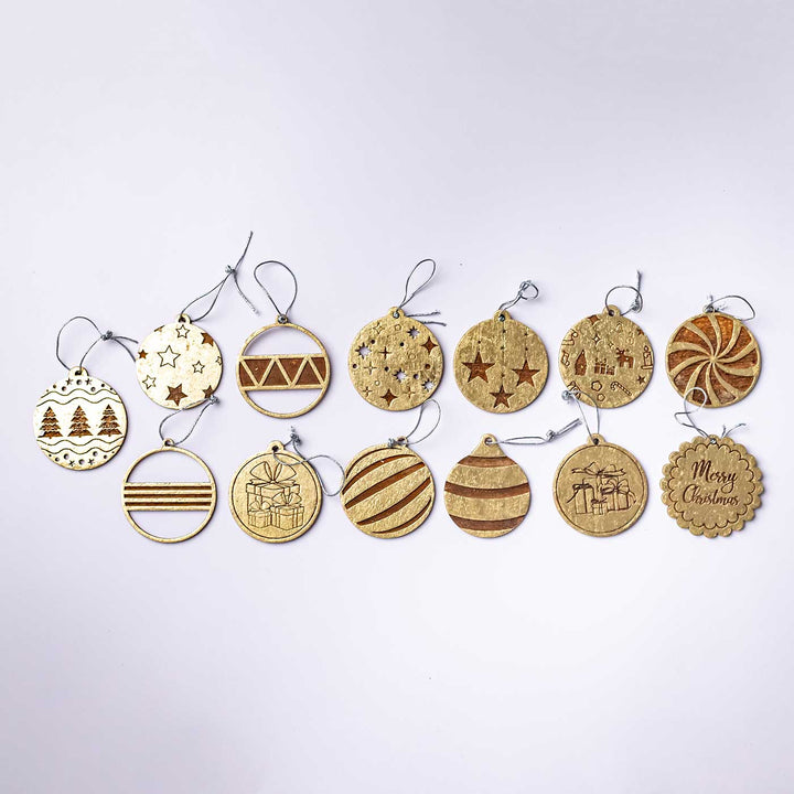Handmade Engraved Golden Round Birch Wood Ornaments For Christmas Tree Decoration | Set Of 13