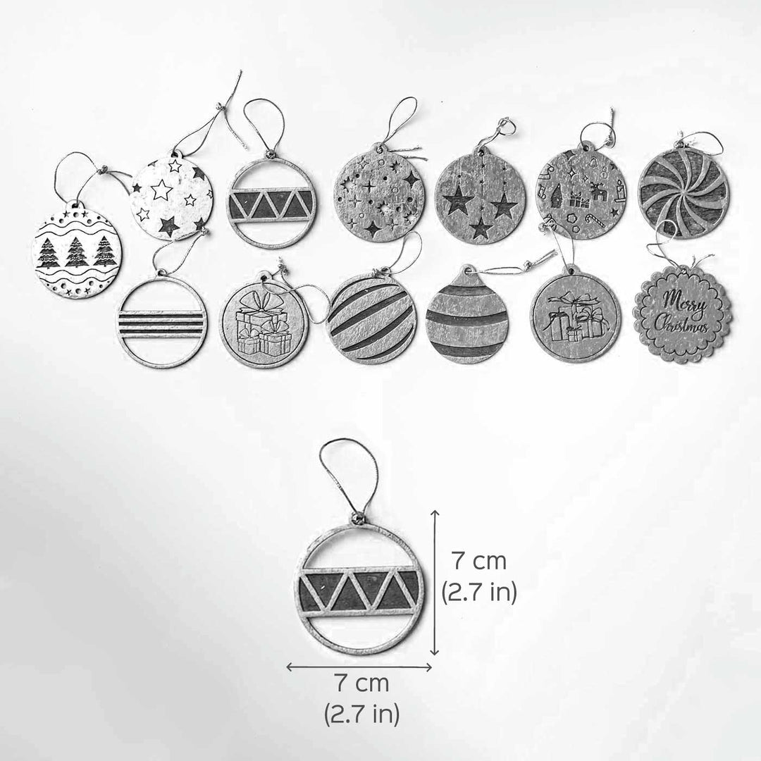 Handmade Engraved Golden Round Birch Wood Ornaments For Christmas Tree Decoration | Set Of 13