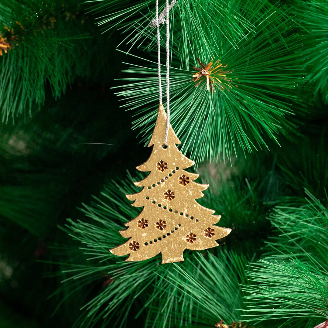 Handmade Assorted Gold Birch Wood Ornaments For Christmas Tree Decoration | Set Of 8