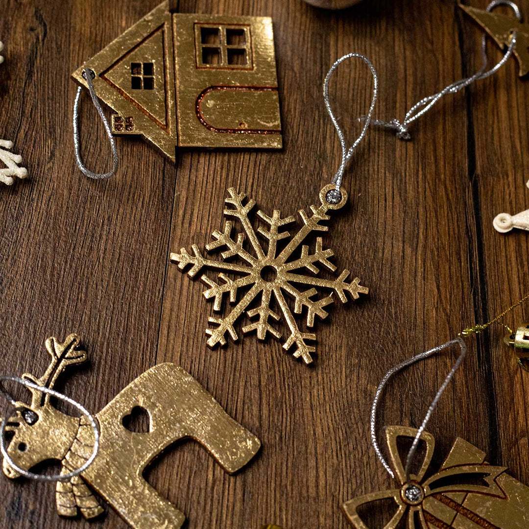 Handmade Assorted Gold Birch Wood Ornaments For Christmas Tree Decoration | Set Of 8