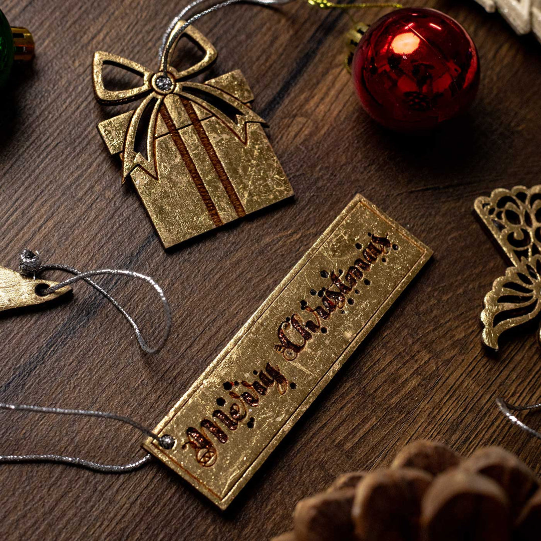 Handmade Assorted Gold Birch Wood Ornaments For Christmas Tree Decoration | Set Of 8