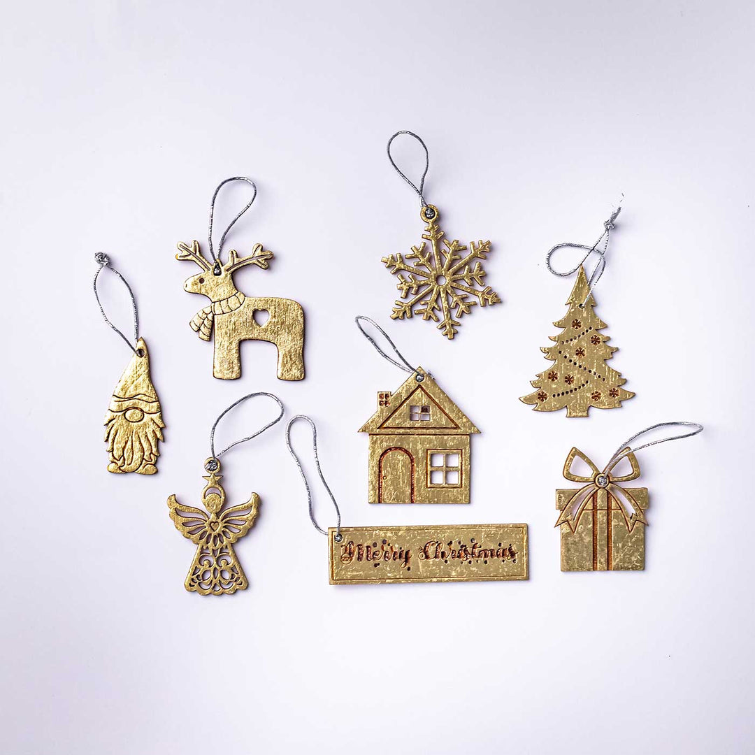 Handmade Assorted Gold Birch Wood Ornaments For Christmas Tree Decoration | Set Of 8